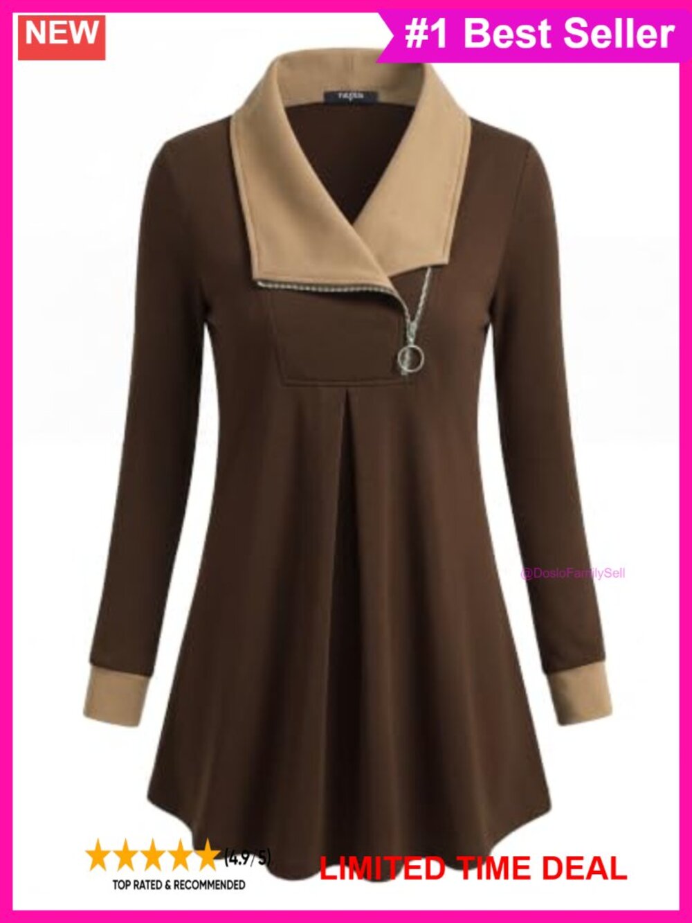 Womens Tunic Sweatshirt Zip Lapel Long Sleeve Loose Fit Pullover Top